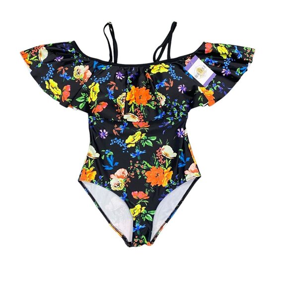 NWT Tempt Me S Black Floral Swimsuit Ruffle Top Molded Cup Tropical Print - Picture 12 of 12
